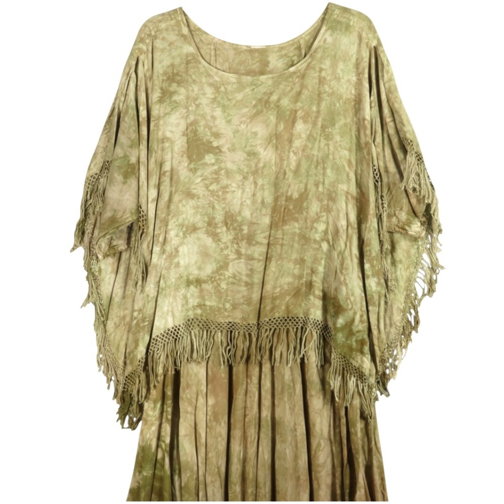 TIE DYE KAFTAN MUUMUU DRESS Poncho Overlay w/Fringe MAXI BOHO ETHNIC Beige 1X - Picture 2 of 11
